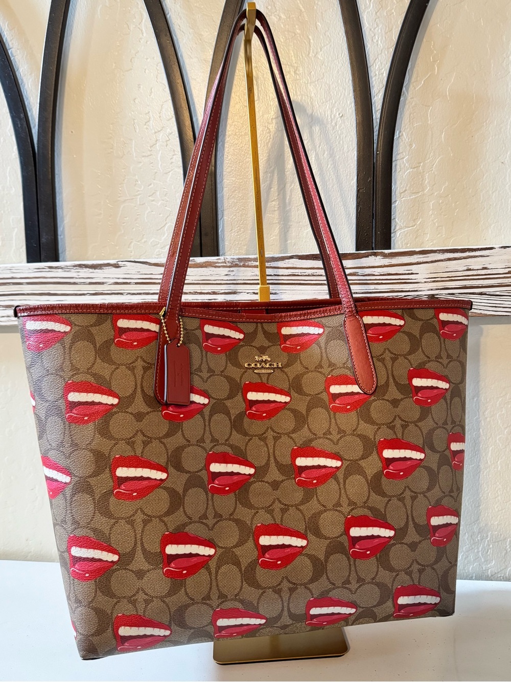 Coach x Tom Wesselman 2023 City Tote signature khaki w red smile mouth lips